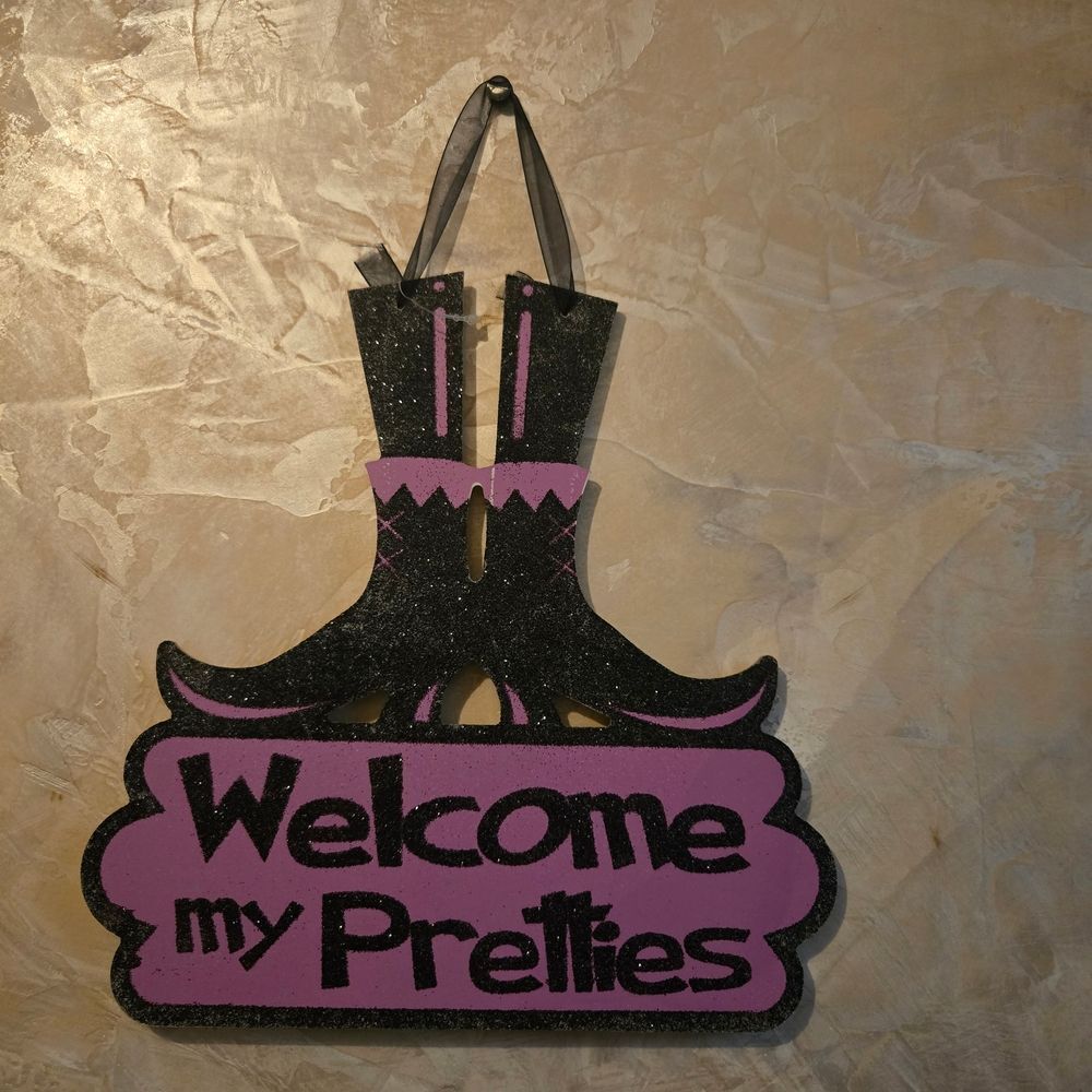 Pink and Black Witch Boots Welcome Sign